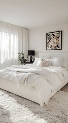 Luxurious White Bedroom Interior Design King Size Bed Fluffy Rug and Abstract Wall Art