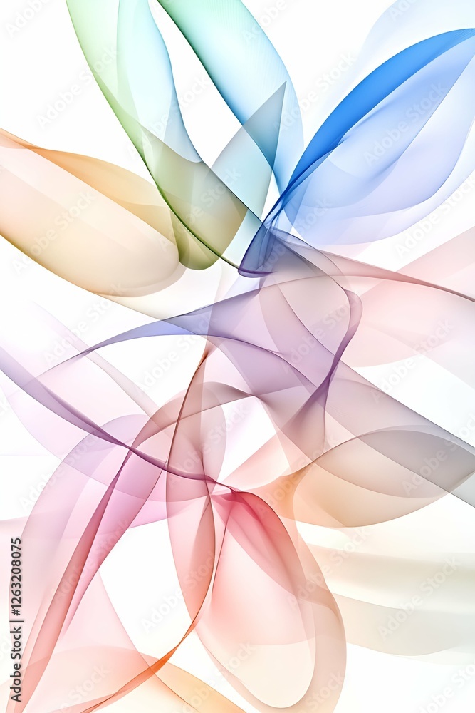 Poster abstract flowing ribbons of multicolored translucent waves on a white background, creating a sense o
