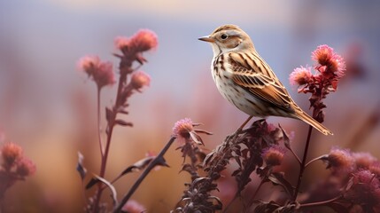 Fototapeta premium Beautiful Lapland Bunting Bird Perched on Autumnal Flowers Wildlife Photography