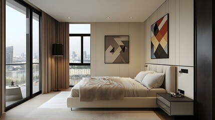 Obraz premium Modern Minimalist Bedroom Interior Design with City View Luxury Bed and Stylish Decor