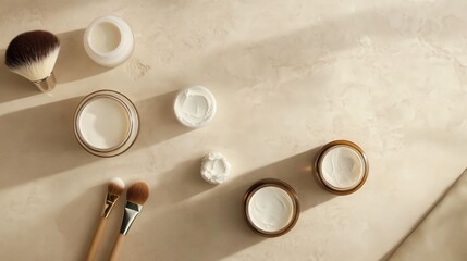 Cream Jars and Makeup Brushes on Beige Surface