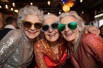 Elderly caucasian women enjoy vibrant party in glittering dresses and sunglasses