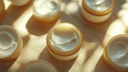 Cream Jars in Sunlight on Wooden Surface