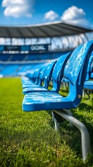 Empty Blue Stadium Seats on Grass Field Sunny Day Sports Venue