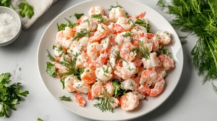 Creamy Shrimp Salad with Dill and Parsley Garnish