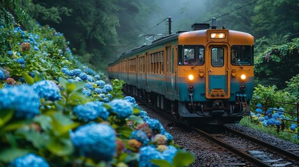 Obraz premium Scenic Train Journey Through Lush Hydrangea Landscape Misty Mountains Japan