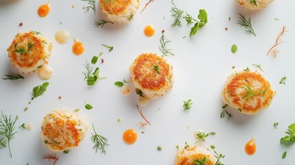 Crispy Rice Cakes with Orange and Yellow Sauces and Herbs