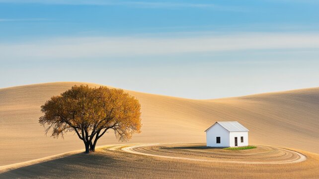 Sustainable agriculture. Lone house and tree on rolling golden hills under a clear blue sky.