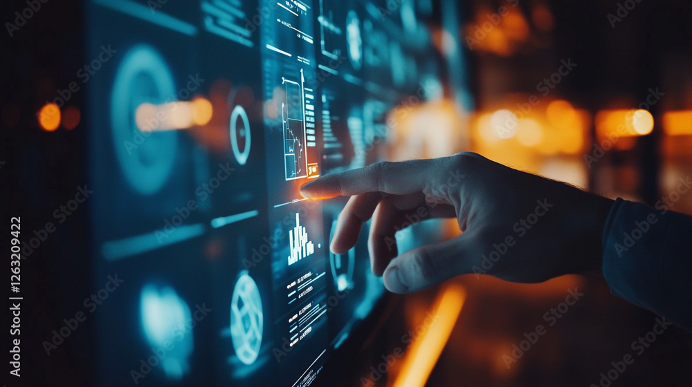 Poster futuristic digital interface screen technology data analysis hand cyber modern design future system