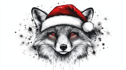 Festive Fox Illustration Wearing Santa Hat with Sparkling Effects and Vivid Red Accents