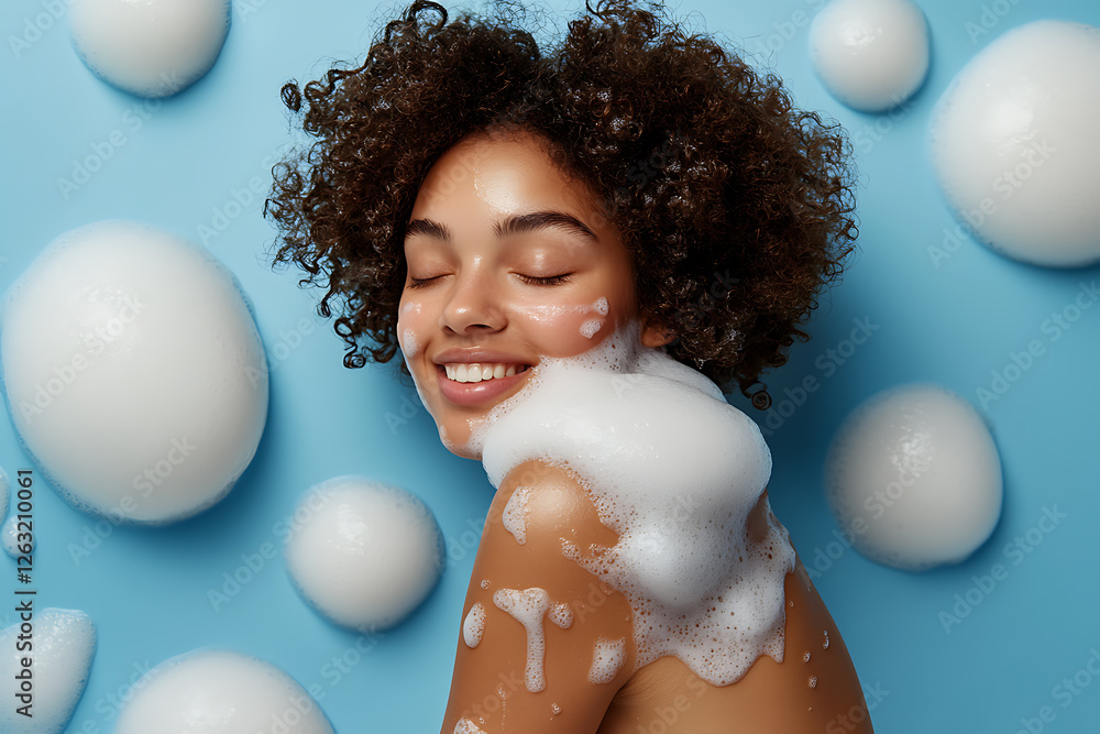 Wall mural A young female model with her back to the camera applies soap to one shoulder, with rich, foamy lather running down her skin