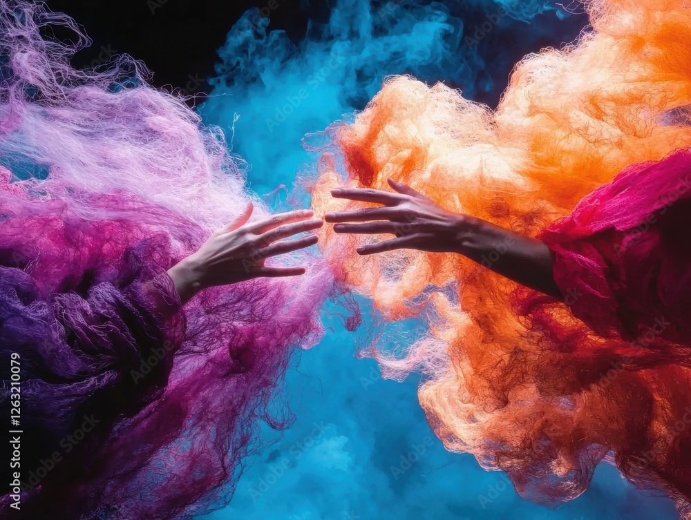 Poster creative interaction between hands abstract colorful smoke studio dynamic environment close-up unity