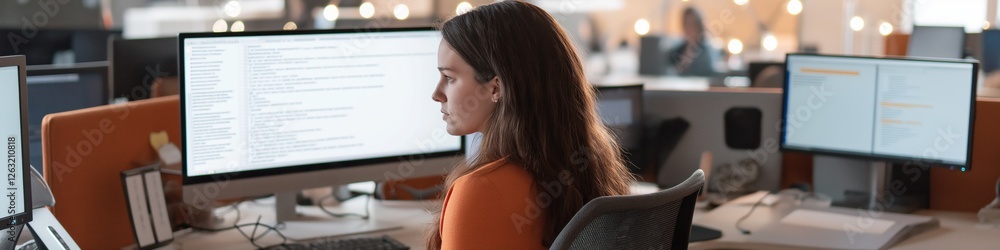 Poster a woman is sitting at a desk with two computer monitors in front of her. she is typing on one of the