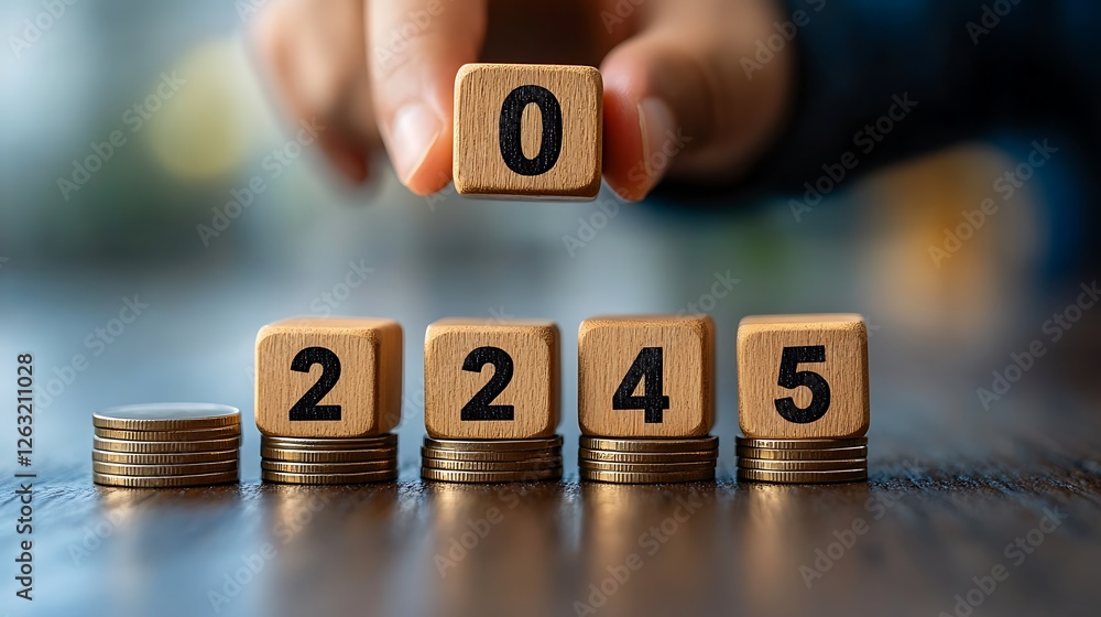 Poster hand placing wooden block with '0' on top of coins stacked with blocks showing '2245', symbolizing f