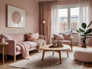 Fototapeta premium Pink Living Room Decor With Pastel Sofa And Artwork