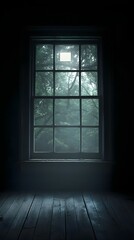 Mysterious Dark Room with Old Window Forest View Aged Wood Floor