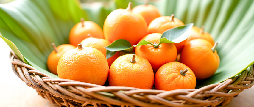 wicker basket brimming with fresh juicy oranges and vibrant green leaves