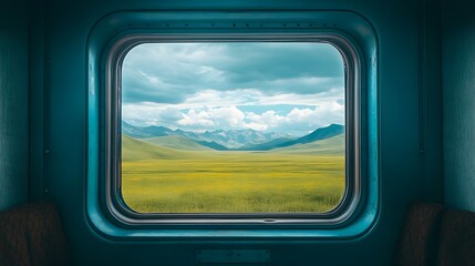 Naklejka premium Scenic Mountain Meadow View from Train Window Tranquil Travel Landscape