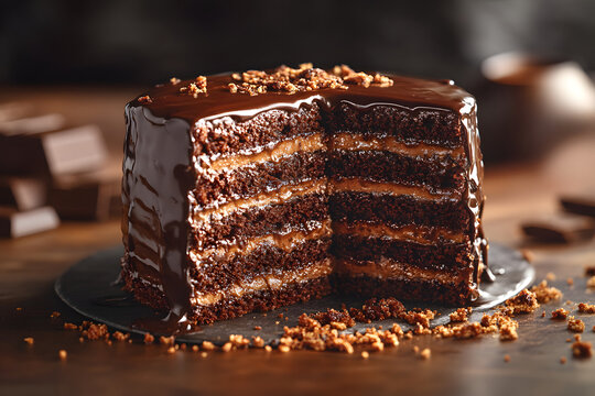 Delicious devil's food cake dripping with chocolate ganache and cookie crumble