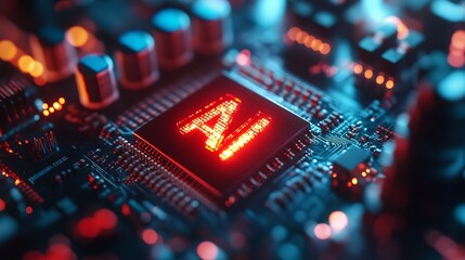 High tech illuminated AI chip on circuit board glowing red and blue close up technology background