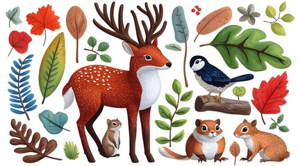 Fototapeta premium Colorful Forest Animals and Leaves in a Whimsical Style Illustration