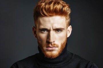 Fototapeta premium Portrait of man with red hair beard in black turtleneck