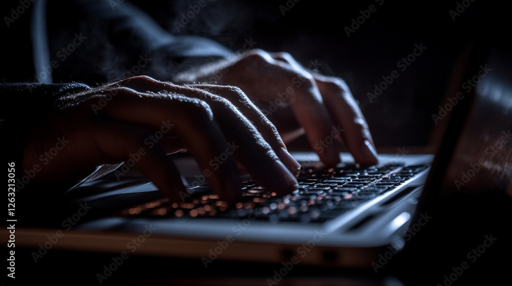 Poster closeup hands typing laptop keyboard dark low light cyber security data work night crime coding