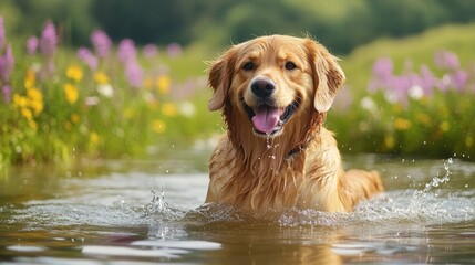 Dog Splashing in a Pond on a Summer Day.