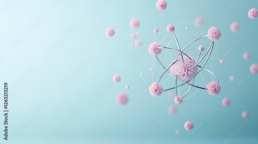 Poster a stylized representation of an atom morphing and changing, with electrons jumping between orbits, s