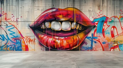 Urban Art: A bold and colorful graffiti mural depicting a close-up of a mouth with vibrant red lips and gold teeth against a textured wall.
