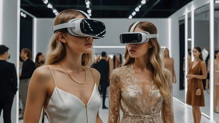 Naklejka premium Luxury fashion market with high-end brands using virtual reality mirrors for customers to try on outfits before purchasing.