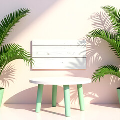 Fototapeta premium pastel green leg table with palm plants and white wooden backdrop