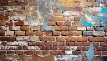 A textured brick wall with peeling paint and faint graffiti, creating an urban and edgy background perfect for modern and industrial designs.