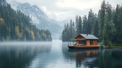 Obraz premium Secluded Floating Cabin on Misty Mountain Lake.