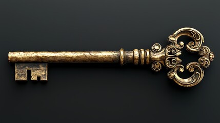 Ornate Antique Skeleton Key on Black Background.