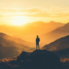 Fototapeta premium Person standing on a rock while watching a vibrant sunset over mountains during twilight