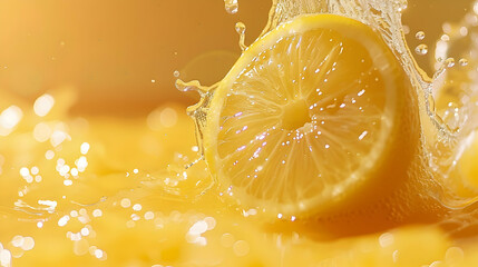 Fresh lemon slice splashing into vibrant yellow juice, capturing a sunny summer vibe with droplets
