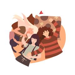 Three women spend tender time together, lying on the floor among pillows. The concept of polyamorous and open relationships. Female friendship and support