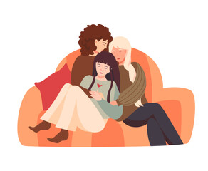 Three women embrace gently while sitting together on a couch. The concept of polyamorous and open relationships. Female friendship and support