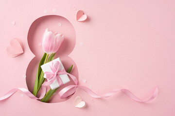 Obraz premium A pink tulip with a ribboned gift symbolizes Women's Day in a beautiful aesthetic scene
