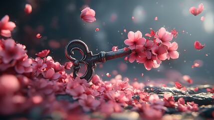 Key to Spring An Ornate Key Adorned with Cherry Blossoms.