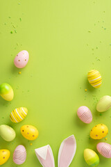 Colorful vertical painted Easter eggs and bunny ears arranged on a vibrant green background