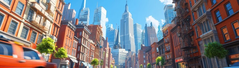 City street view, skyscrapers, sunny day, taxi