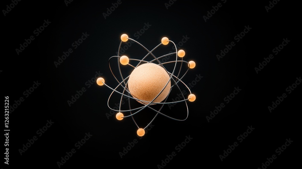 Poster a symbolic representation of the atom, with radiating lines of energy emanating from its core, symbo