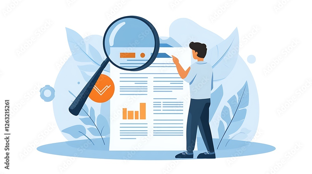 Poster man reviewing a document with a magnifying glass, analyzing data and graphs for insights.