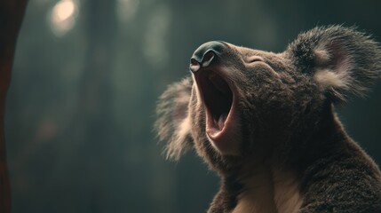 Yawning koala in natural habitat portrait
