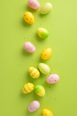 Colorful vertical Easter eggs with pastel designs neatly displayed on a green surface adding...