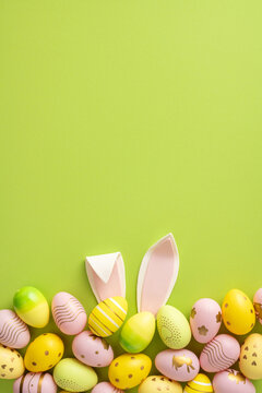 Naklejki Colorful vertical painted Easter eggs and playful bunny ears on a vibrant green background creating a festive spring composition