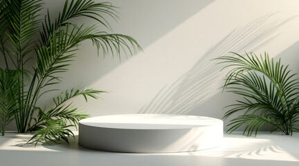 Fototapeta premium sleek cylindrical platform with lush palm fronds in a minimalist setting