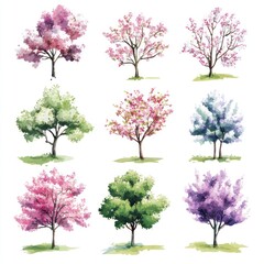 Obraz premium Nine Watercolor Paintings of Blossoming Trees in Various Colors